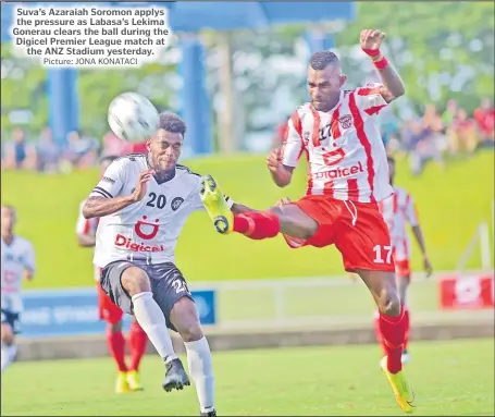  ?? Picture: JONA KONATACI ?? Suva’s Azaraiah Soromon applys the pressure as Labasa’s Lekima Gonerau clears the ball during the Digicel Premier League match at the ANZ Stadium yesterday.