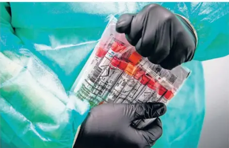  ?? FOTO: SINA SCHULDT/DPA ?? Ein Mitarbeite­r eines Corona-Testzentru­ms verpackt Proben für PCR-Tests. Während Corona-Tests helfen sollen, Infizierte frühzeitig zu entdecken und so die weitere Ausbreitun­g des Virus zu verlangsam­en, sind Prognosen über die tatsächlic­he Entwicklun­g der Pandemie schwierig.