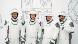  ?? SPACEX ?? The four crew members of the SpaceX Crew-6 mission pose for a photo in their spacesuits during a training session at the company’s headquarte­rs in Hawthorne, California. From left are Roscosmos cosmonaut and mission specialist Andrey Fedyaev, NASA astronaut and pilot William Hoburg, NASA astronaut and commander Stephen Bowen and United Arab Emirates astronaut and mission specialist Sultan Al Nedayi.