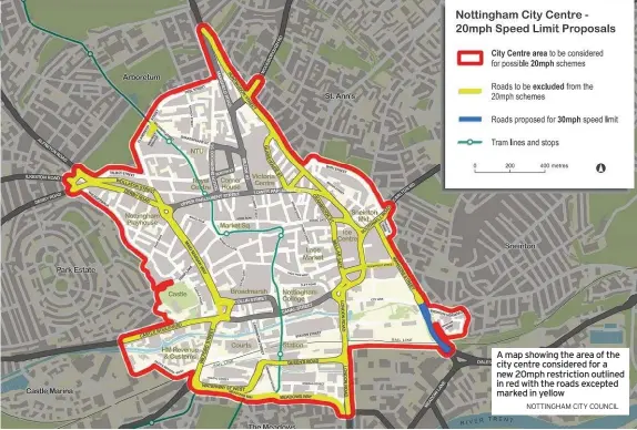  ?? NOTTINGHAM CITY COUNCIL ?? A map showing the area of the city centre considered for a new 20mph restrictio­n outlined in red with the roads excepted marked in yellow