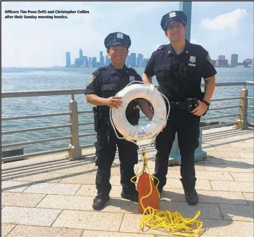  ?? CATHERINA GIOINO / NEW YORK DAILY NEWS ?? Officers Tim Poon (left) and Christophe­r Collins after their Sunday morning heroics.