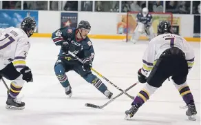  ??  ?? Dundee CCS Stars’ Joey Sides attacks the Manchester Storm defence. He can again play a captain’s role this weekend.