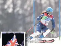  ??  ?? Clockwise from above: Menna, from Macclesfie­ld, in action in the slalom; flying the flag at the closing ceremony; celebratin­g her four medals with her guide Jennifer Kehoe (left)