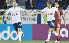  ?? — AFP ?? Harry Winks (R) of Tottenham Hotspur celebrates scoring against AS Roma with teammate Christian Eriksen at Red Bull Arena in Harrison, New Jersey.