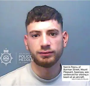  ?? SOUTH WALES POLICE ?? Narcis Pascu, of Burman Street, Mount Pleasant, Swansea, was sentenced for shining a beam at an aircraft.