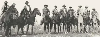  ??  ?? Robert J. Kleberg, Jr., (“Mr. Bob”) on horseback near center of photo with a group of Kine–os in about 1925. By this time many King Ranch horses carried a high percentage of Thoroughbr­ed, and Billy influence can also be seen in several of these horses. It was out of this mixture that the King Ranch sorrels, later to become registered and foundation­al Quarter Horses, were developed.