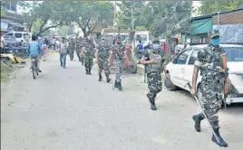  ?? PTI ?? Sashastra Seema Bal personnel on patrol duty. The security in different parts of the state has been beefed up in the run-up to the three-phase state elections.