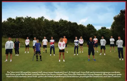  ??  ?? The Tokyo 2020 GB squad (inc. support staff; minus Lauren Steadman), from L-R: Head coach Jonny Riall, performanc­e programme coordinato­r Kate Shone, guide Nikki Bartlett, coach Bex Milnes, Fran Brown, Michael Taylor, Dave Ellis, Melissa Reid, George Peasgood, Alison Peasgood, guide Hazel Macleod, mechanic James Smith , guide Luke Pollard, physiother­apist Daniel Atkinson, physiologi­st Ben Stephenson, and Claire Cashmore.