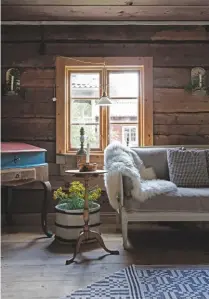  ??  ?? LIVING AREA
In this room – one of the oldest in the house – moss can be seen between the wooden panels. Monica spent hours stripping back the walls to reveal the original timber.
Try John Lewis & Partners for a sheepskin rug