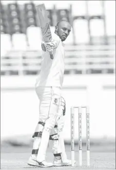  ?? (Photo courtesy CWI Media) ?? Batsman Sunil Ambris celebrates his fourth first class hundred on the second day of the opening four-day “Test” against Sri Lanka on Thursday