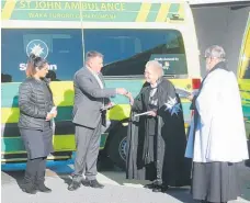  ??  ?? Jasleen Saluja, Kevin Thomson, Dame Betty Simpson and Fr John Roberts came together for a dedication service for the new Marton ambulance.