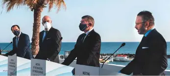  ?? AFP ?? ■ Gargash (right) speaks during a press conference in the western Cypriot city of Paphos yesterday. Ministers of Foreign Affairs of Cyprus Nikos Christodou­lides, Greece Nikos Dendias and Israel Gabi Ashkenazi, are also present.