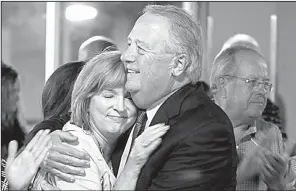  ?? Arkansas Democrat- Gazette/ STATON BREIDENTHA­L ?? North Little Rock Mayor Joe Smith hugs his wife, Missie, at a watch party Tuesday night as the results show voters had approved an increase in the city sales tax.