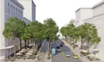  ?? RENDERING BY DOVER KOHL ?? A vision of Broad Street shows two-way traffic on one side with the other side lined by a supersized sidewalk with park-like features for pedestrian­s, dining and bicyclists.