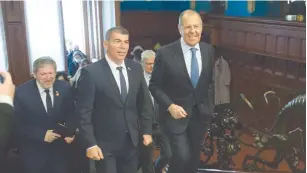  ??  ?? FOREIGN MINISTER Gabi Ashkenazi with his Russian counterpar­t, Sergei Lavrov, in Moscow yesterday. (Israeli Embassy in Moscow)