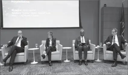  ?? -AP ?? Richmond Fed President Thomas Barkin (L), San Francisco Fed President Mary Daly, Atlanta Fed President Raphael Bostic (2nd R) and Dallas Fed President Robert Kaplan (R) sit together at the final session of a Dallas Fed conference on technology in Texas.