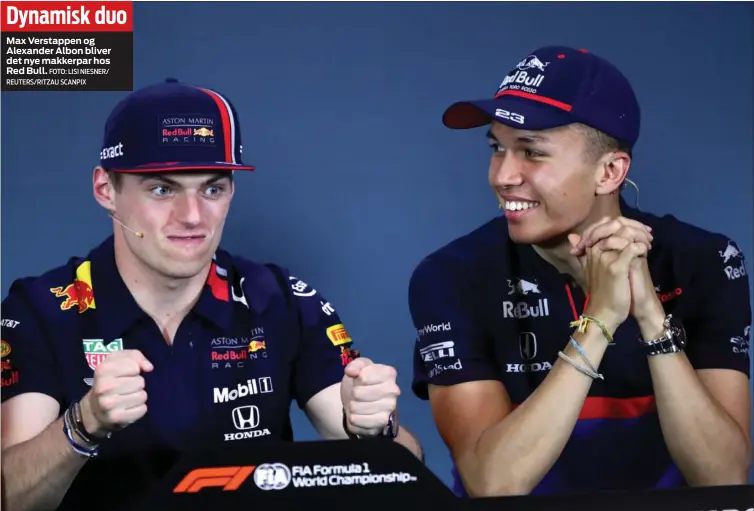  ?? FOTO: LISI NIESNER/ REUTERS/ RITZAU SCANPIX ?? Dynamisk duo
Max Verstappen og Alexander Albon bliver det nye makkerpar hos Red Bull.
