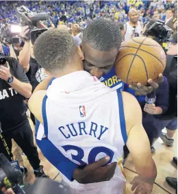  ?? MARCIO JOSE SANCHEZ/AP ?? The Warriors’ Stephen Curry, front, is hugged by Draymond Green after a 125-104 win over the Grizzlies on April 13, 2016. They set the NBA record for victories in a season with 73.