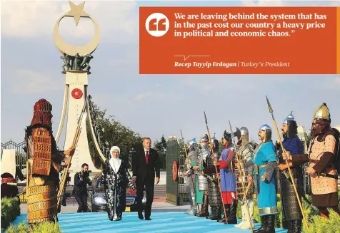  ?? AFP ?? Turkey’s President Recep Tayyip Erdogan and his wife Emine Erdogan arrive at the Presidenti­al Complex in Ankara after he was sworn in for his second term as head of state on Monday. Erdogan took his oath in parliament for a five-year term after his election victory last month.