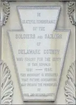  ?? PETE BANNAN - MEDIANEWS GROUP ?? The east panel of the monument. “In grateful remembranc­e of the soldiers and sailors of Delaware County who fought for the unity of this republic 1861-1865. This monument is dedicated that future generation­s may cherish the principles of civil and religious liberty.”