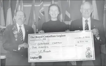  ?? COURTESY ?? The Royal Canadian Legion Branch 158 Sutton recently presented a $500 bursary to Germain Chapman. Seen here are Clifford Sevigny, Branch Sergeant at Arms, Germain Chapman, and Chuck Richards, Branch Poppy Chairman.