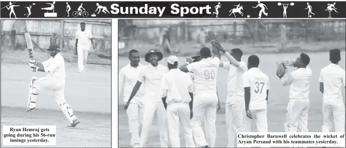  ?? ?? Ryan Hemraj gets going during his 56-run innings yesterday.
Christophe­r Barnwell celebrates the wicket of Aryan Persaud with his teammates yesterday.