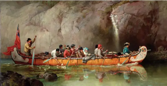  ??  ?? Canoe Manned by Voyageurs Passing a Waterfall, 1869, by Frances Anne Hopkins, depicts the artist and her husband, Edward Hopkins, secretary to the Governor of the Hudson’s Bay Company, travelling with voyageurs along the French River in Ontario.