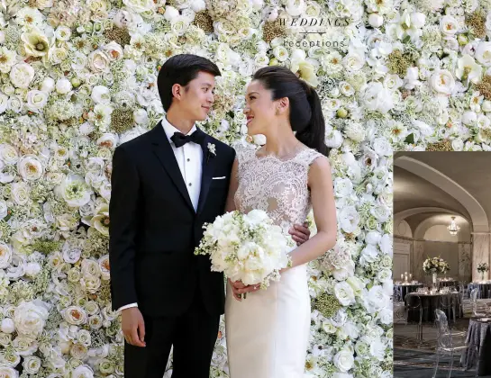  ??  ?? Clockwise from left: Nicol Floral Design’sDesign flfl ower walls are a chic addition to receptions; in the Grand Ballroom, the updated color scheme complement­s the building’s original marble columns; Van Earl’s Cakes whips up the Ritz- Carlton...