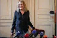  ?? (AP/Michel Euler) ?? French author Annie Ernaux arrives for a news conference Thursday in Paris after being awarded the 2022 Nobel Prize in literature. Ernaux, 82, was cited for “the courage and clinical acuity with which she uncovers the roots, estrangeme­nts and collective restraints of personal memory,” the Nobel committee said.