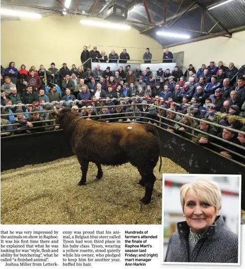  ??  ?? Hundreds of farmers attended the finale of Raphoe Mart’s season last Friday; and (right) mart manager Ann Harkin