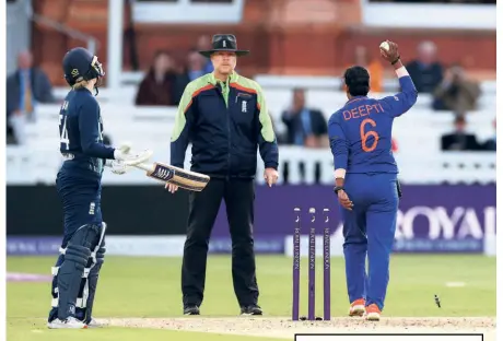  ?? GETTY IMAGES ?? History, controvers­y and lot more: India completed a series whitewash at Lord’s in the third ODI, which was veteran Jhulan Goswami’s final match before retirement. However, Deepti Sharma stole the show when she ran out England’s Charlotte Dean while stopping in her delivery stride to clinch a narrow 16-run win. The incident ignited controvers­y in the cricketing world.