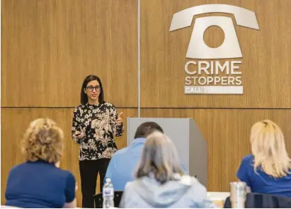  ??  ?? Rania Mankarious, CEO, Crime Stoppers of Houston, addresses attendees during a recent safety training session.