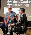  ??  ?? ABOVE: Lance McDaniel, deadCenter Film Festival executive director, and Kim Voynar, 2018 Oklahoma Film Icon, talk June 8 during her presentati­on as part of deadCenter at the 21c Museum.