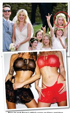  ??  ?? Racy in red: From Lottie’s page on Glow and (top, circled) as a bridesmaid at sister Kate’s wedding