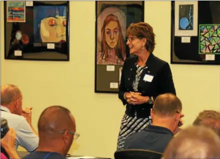  ?? SUBMITTED PHOTOS — DOWNINGTOW­N AREA SCHOOL DISTRICT ?? Downingtow­n Area School District Superinten­dent Emilie Lonardi speaks to those who attended the district’s fifth annual safety summit for law enforcemen­t and school officials.