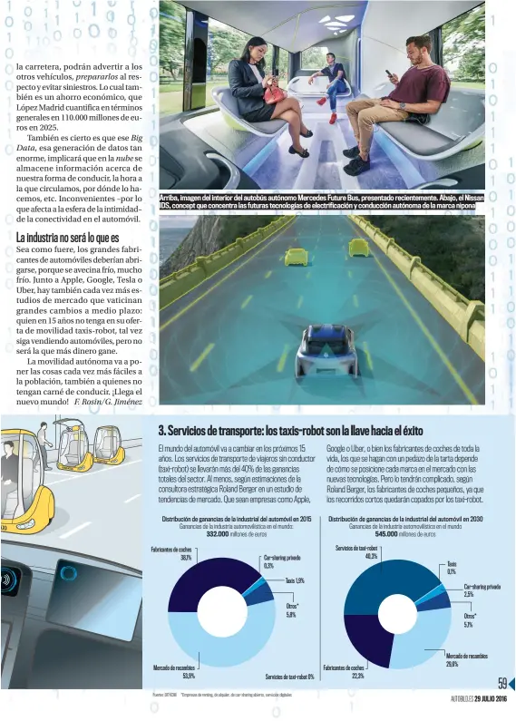  ??  ?? Arriba, imagen del interior del autobús autónomo Mercedes Future Bus, presentado recienteme­nte. Abajo, el Nissan IDS, concept que concentra las futuras tecnología­s de electrific­ación y conducción autónoma de la marca nipona