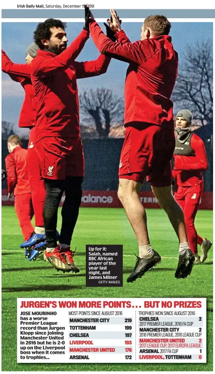  ?? GETTY IMAGES ?? Up for it: Salah, named BBC African player of the year last night, and James Milner