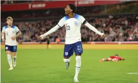  ?? Ryan Browne/Shuttersto­ck ?? Jaden Philogene after scoring for England Under-21s in their 9-1 rout of Serbia. Photograph: