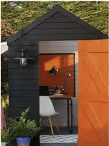  ??  ?? Revamp the shed for a quick, cheap way to gain versatile extra space. Finish it off in Cuprinol Garden Shades in Honey Mango and Black Ash, from £14 for 1L, to bring a splash of colour to the garden