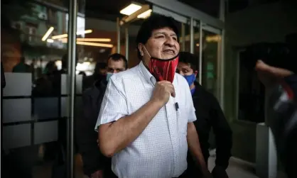  ?? Photograph: Juan Ignacio Roncoroni/EPA ?? Evo Morales leaves a press conference in the Argentinia­n capital, Buenos Aires, last month.