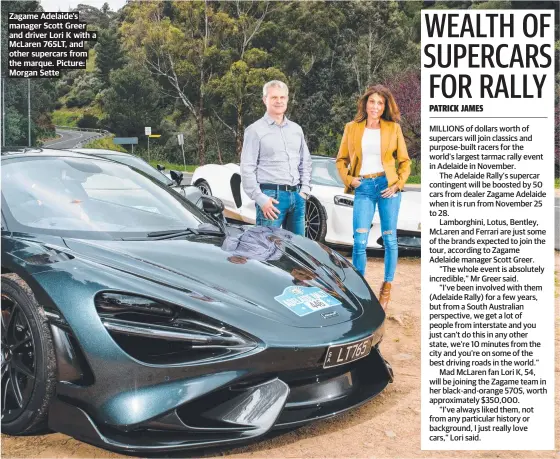  ?? Picture: Morgan Sette ?? Zagame Adelaide’s manager Scott Greer and driver Lori K with a McLaren 765LT, and other supercars from the marque.
