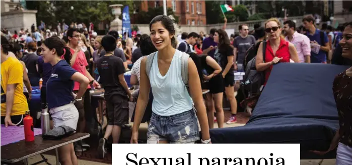  ??  ?? ABOVE: Student Emma Sulkowicz carried a mattress around campus with her for a year in protest at what she perceived as Columbia University’s mishandlin­g of her alleged rape