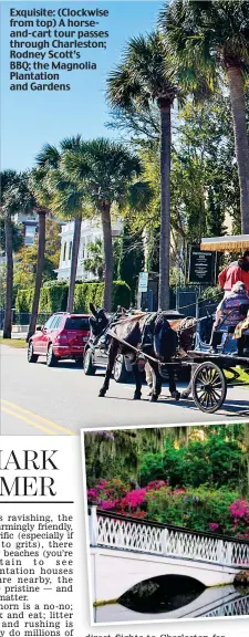  ??  ?? Exquisite: (Clockwise from top) A horseand-cart tour passes through Charleston; Rodney Scott’s BBQ; the Magnolia Plantation and Gardens