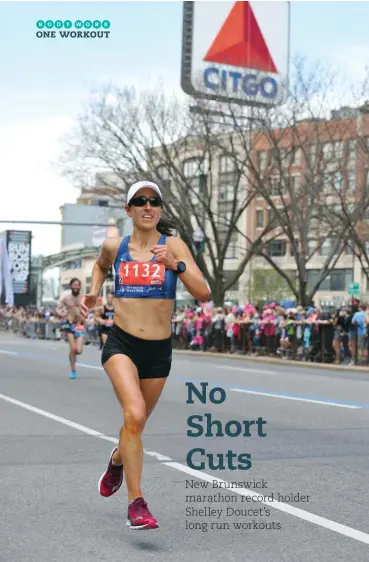  ??  ?? LEFT Shelley Doucet races the 2017 Boston Marathon