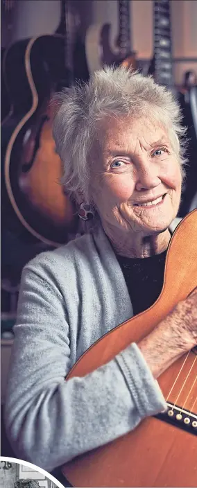  ??  ?? Singersong­writer Peggy Seeger in London in 2018, main, and performing on television with Ewan MacColl in 1971, below