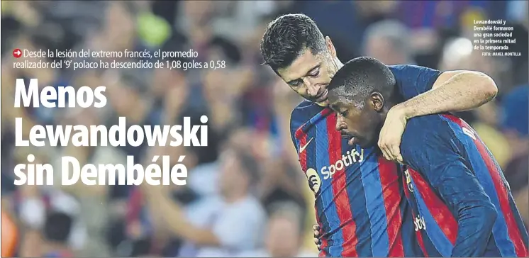  ?? Foto: MANEL MONTILLA ?? Lewandowsk­i y Dembélé formaron una gran sociedad en la primera mitad de la temporada