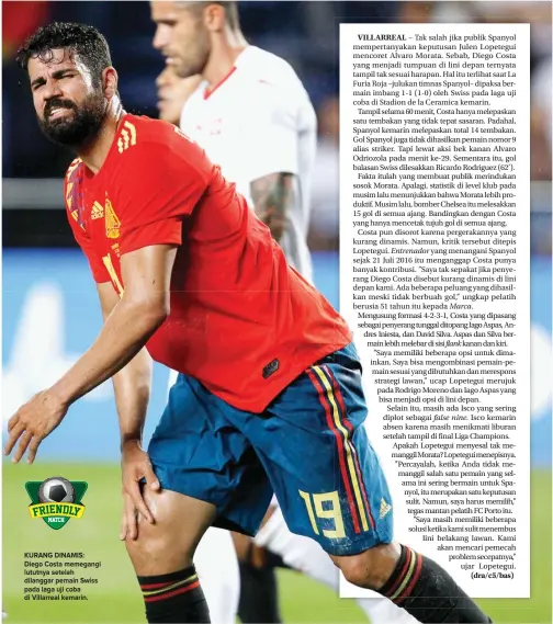  ?? ALBERTO SAIZ/AP PHOTO ?? KURANG DINAMIS: Diego Costa memegangi lututnya setelah dilanggar pemain Swiss pada laga uji coba di Villarreal kemarin.