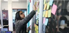  ??  ?? Anna Tavares puts notes on the wall as part of a contest to help develop skills in making effective tech pitches.