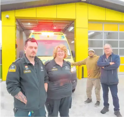  ?? Photo / Dan Hutchinson ?? St John Ambulance EMT Mike Holmes, paramedic Esme Lindsay and St John Tū wharetoa Committee members Dave Winterburn and Will Shirer gather outside the new ambulance building in Tū rangi.