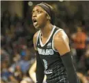  ?? TRIBUNE FILE ?? Sky wing Kahleah Copper reacts after teammate Azurá Stevens scored a crucial basket against the Fever on May 24 at Wintrust Arena.